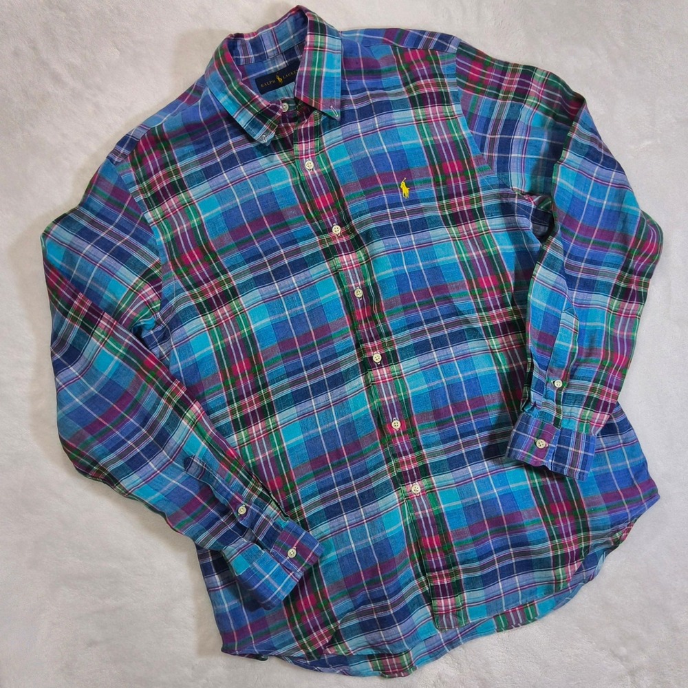Polo Ralph Lauren 100% Linen Button Down Shirt Mens Large Blue Madras Plaid Work